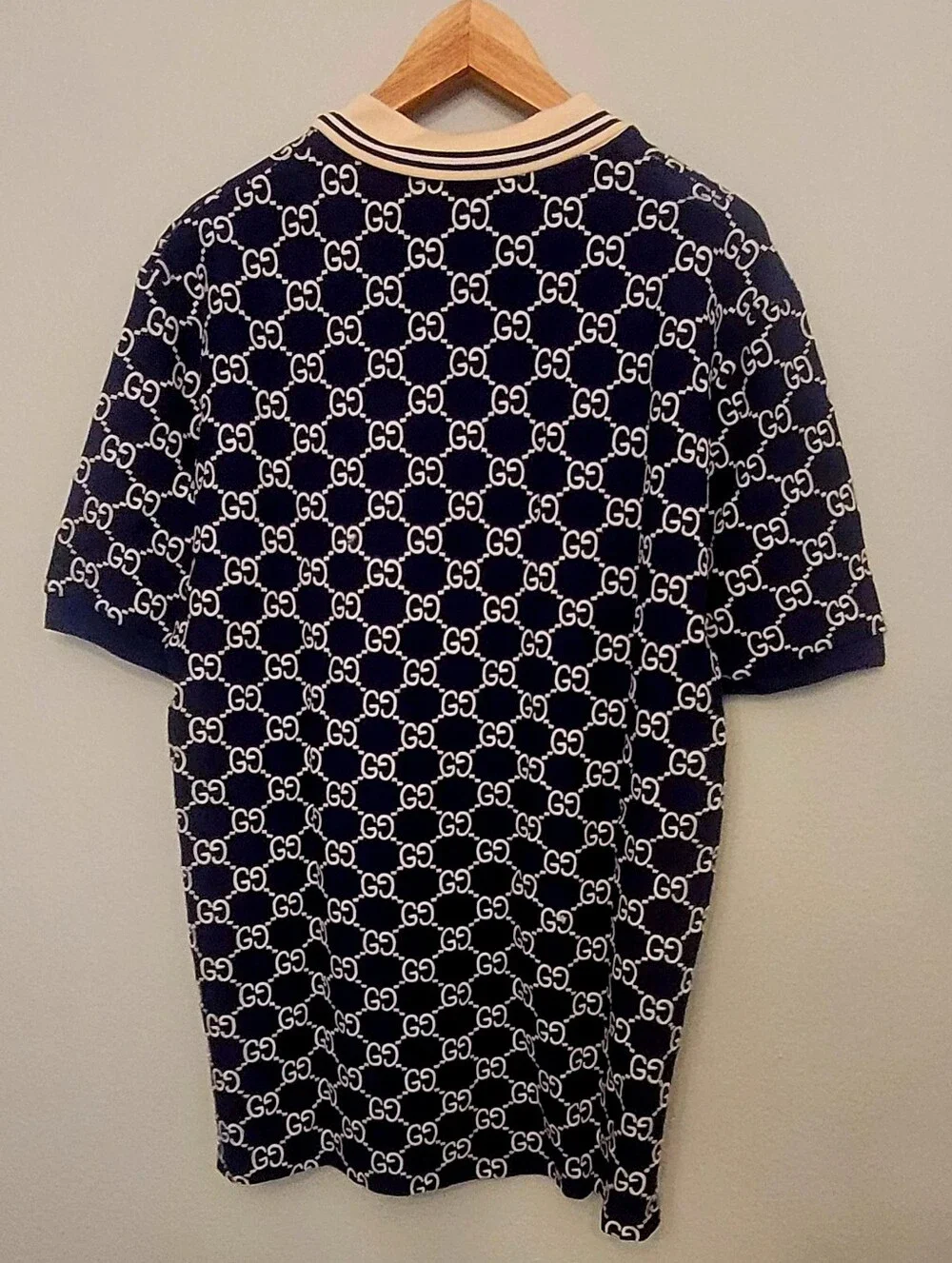 🇮🇹 Gucci Navy Blue GG 👕Jacquard Polo with Cream Collar🇮🇹